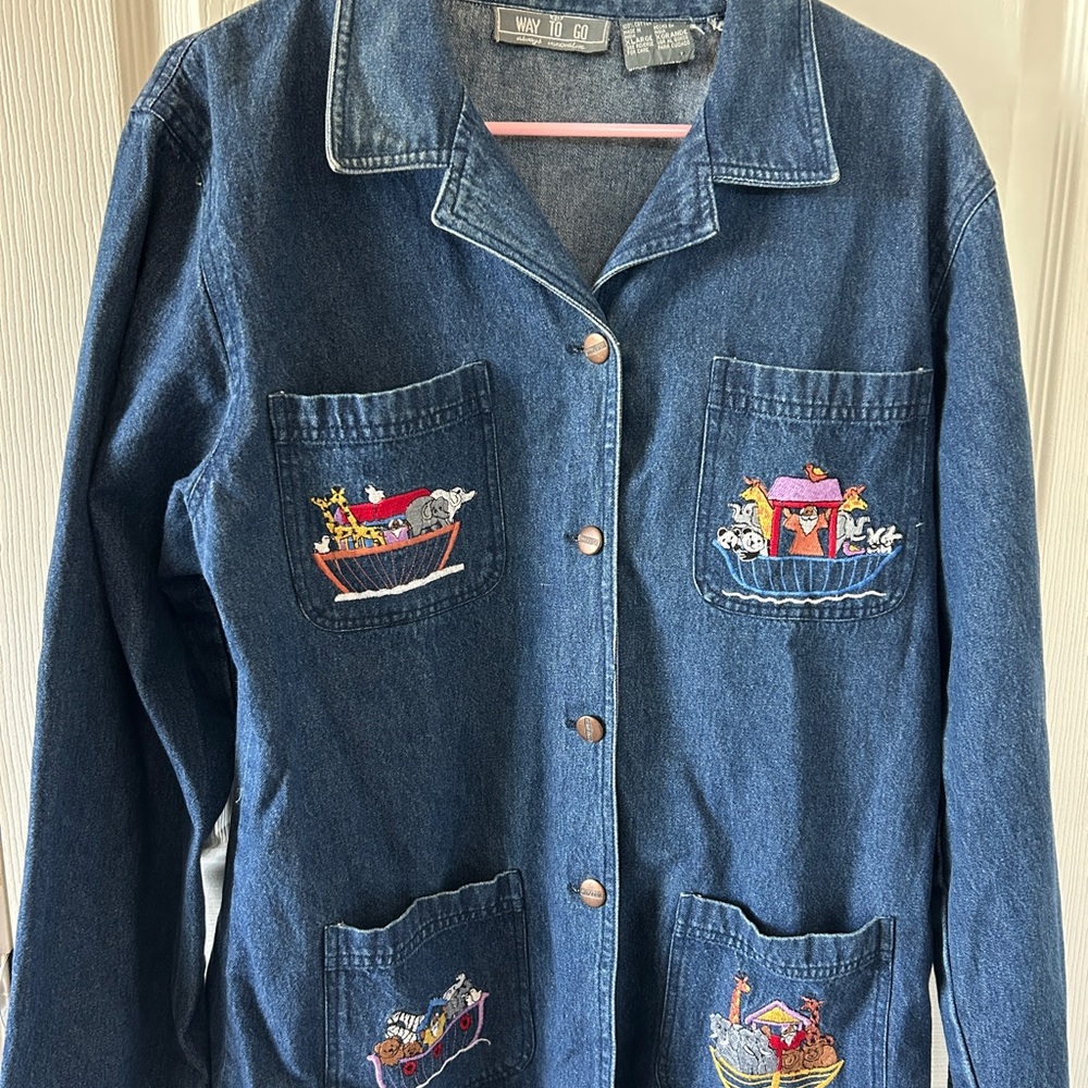 Embroidered‎ Denim Shirt Jacket, Size XL, 4 Pockets, Noah’s Ark, Vintage